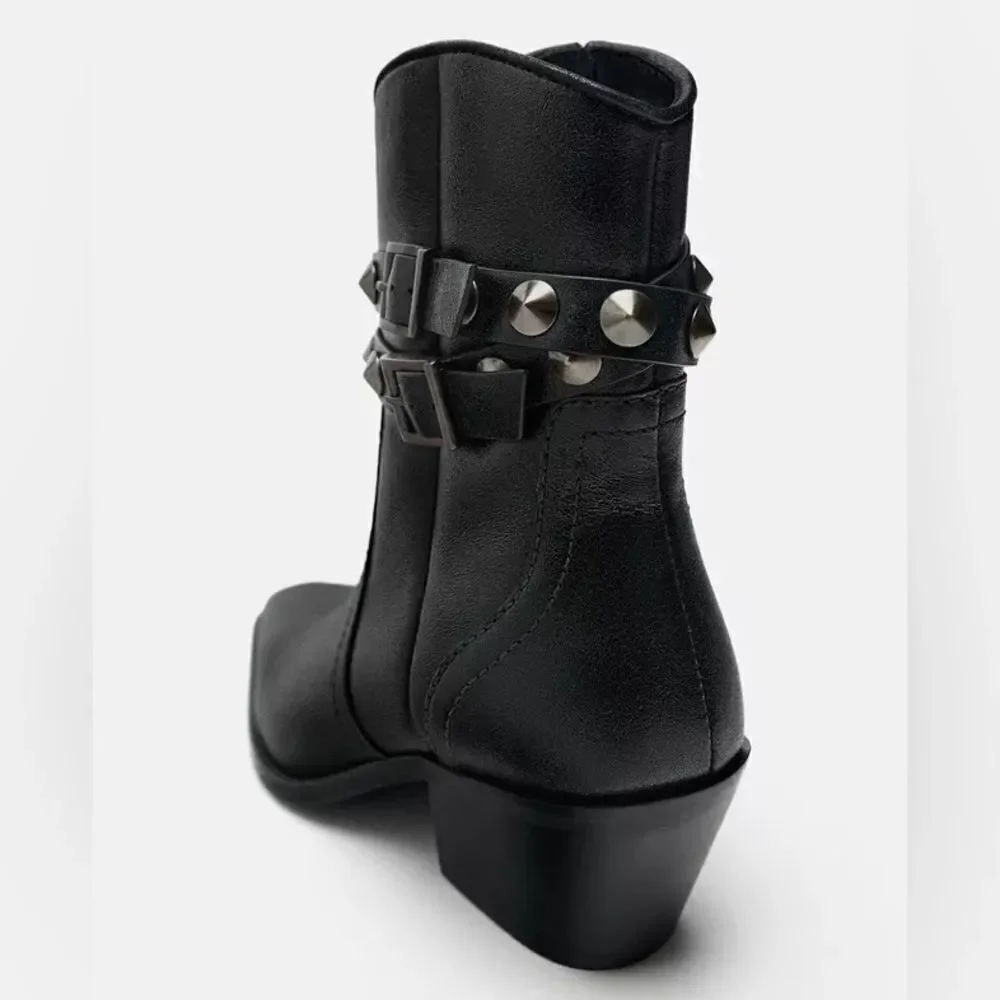 Zara Black Leather Strap Cowboy Comfortable Block Heel Ankle Boots